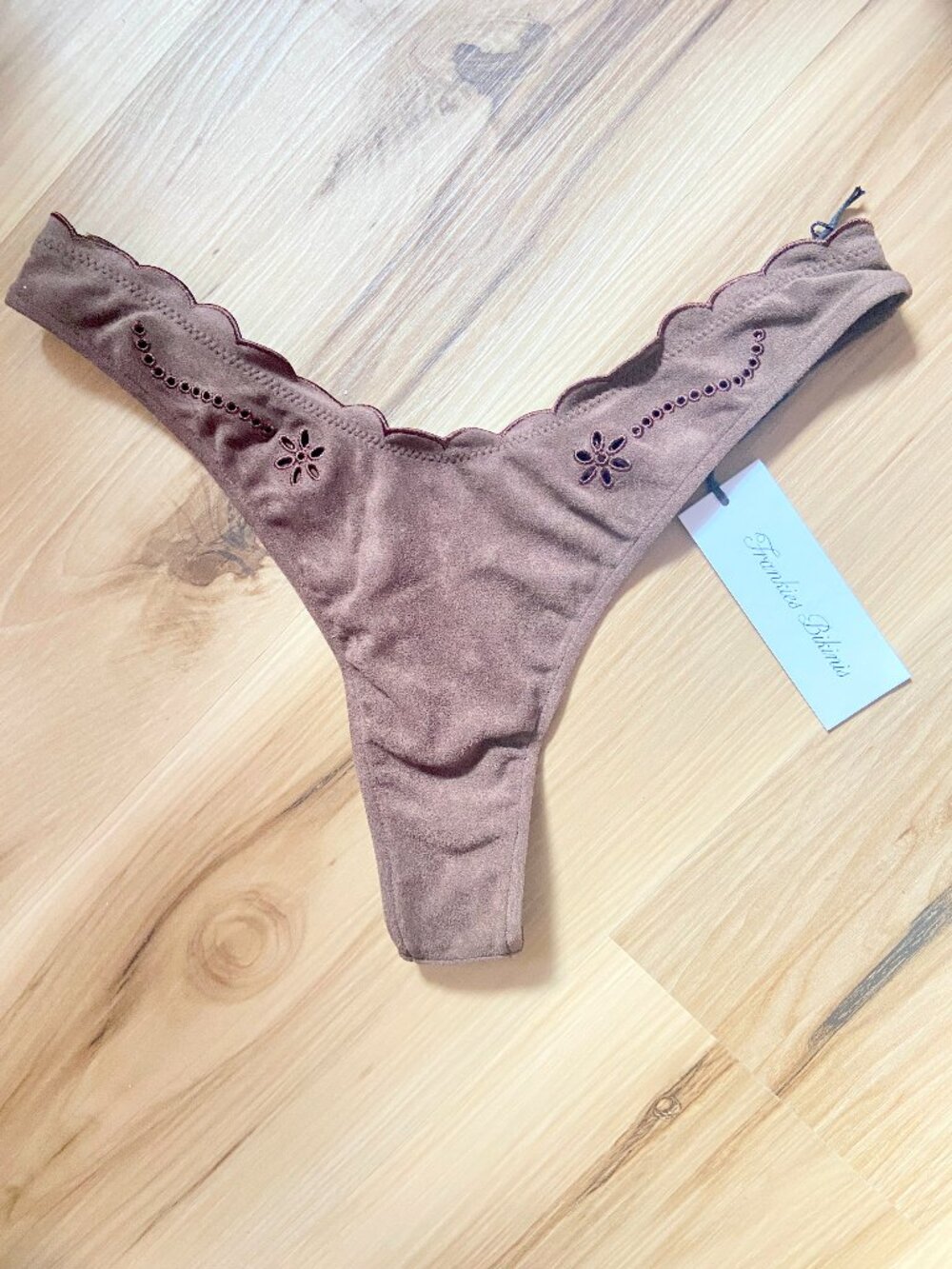 NEW! RARE Frankies Bikinis Full Moon Brown Suede Floral Eyelet Bottom Medium NWT